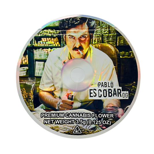 DVD Mylar bag 3.5g, herb Mylar Bags, Where to buy mylar bags, Custom mylar bags near me, Mylar Bags Wholesale. Circular product label featuring a person with text 'Pablo Escobar OG' and product details.