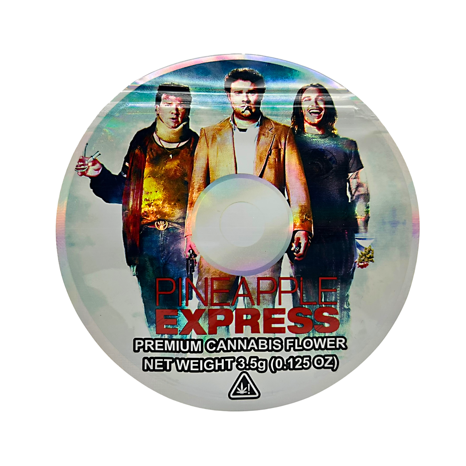 DVD Mylar bag 3.5g, herb Mylar Bags, Where to buy mylar bags, Custom mylar bags near me, Mylar Bags Wholesale. Round label for 'Pineapple Express' premium herb flower with three people on a white background