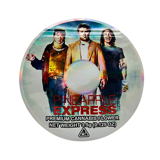 DVD Mylar bag 3.5g, herb Mylar Bags, Where to buy mylar bags, Custom mylar bags near me, Mylar Bags Wholesale. Round label for 'Pineapple Express' premium herb flower with three people on a white background