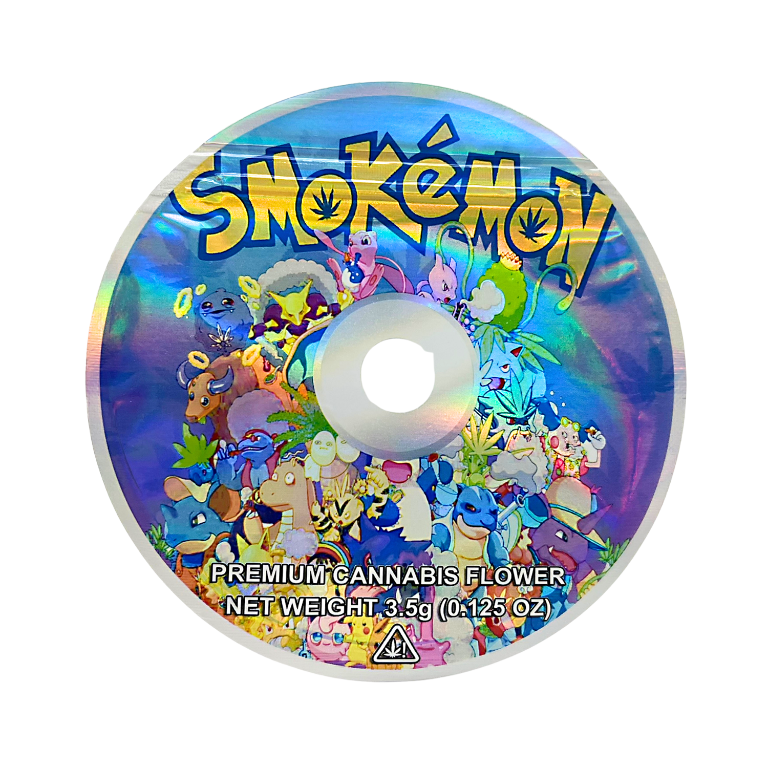 DVD Mylar bag 3.5g, herb Mylar Bags, Where to buy mylar bags, Custom mylar bags near me, Mylar Bags Wholesale. Colorful label with cartoon characters and 'Smokemoy' branding on a white background