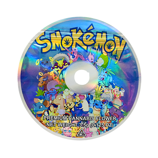 DVD Mylar bag 3.5g, herb Mylar Bags, Where to buy mylar bags, Custom mylar bags near me, Mylar Bags Wholesale. Colorful label with cartoon characters and 'Smokemoy' branding on a white background