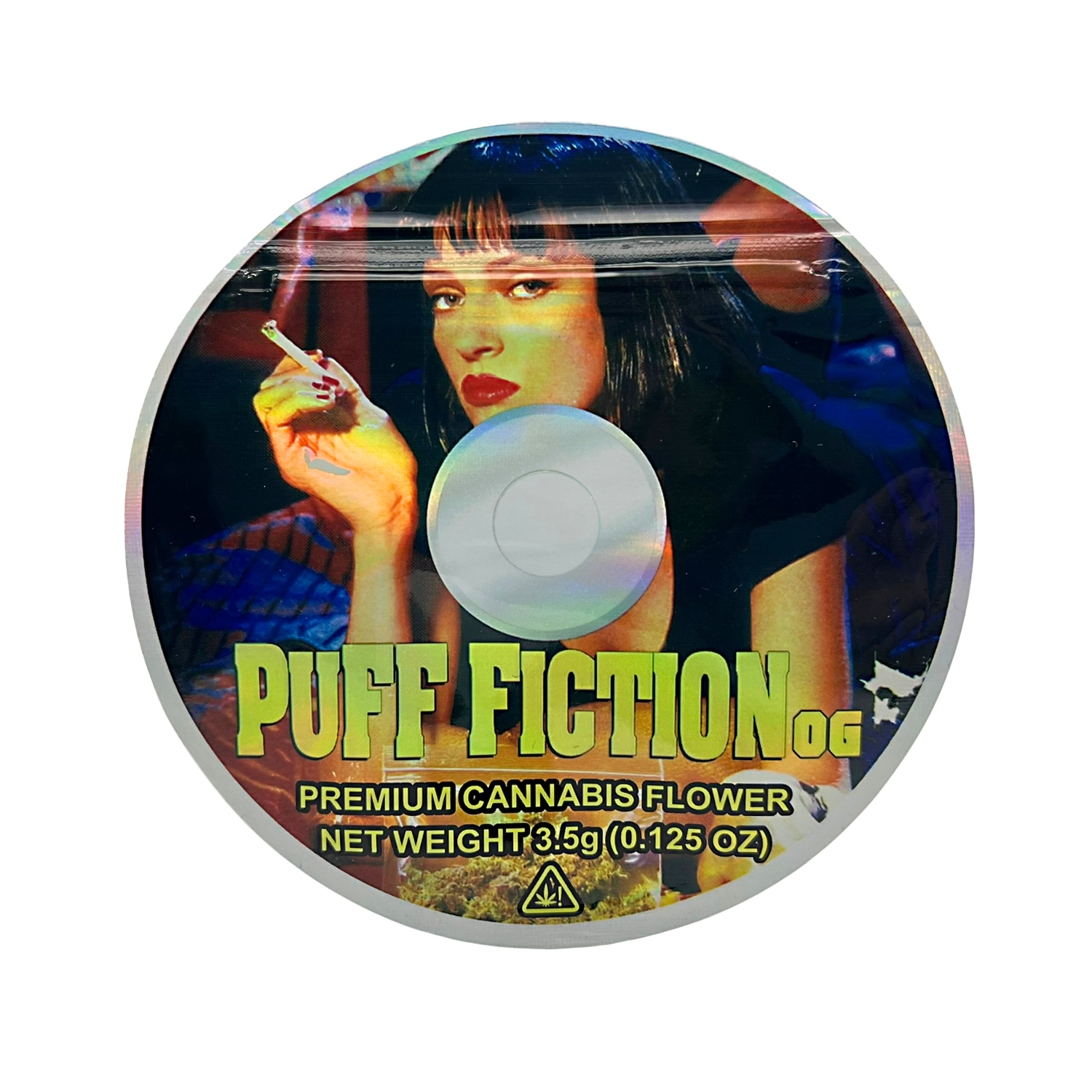 DVD Mylar bag 3.5g, herb Mylar Bags, Where to buy mylar bags, Custom mylar bags near me, Mylar Bags Wholesale. herb packaging with a stylized woman smoking, labeled 'Puff Fiction OG'.