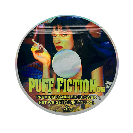 DVD Mylar bag 3.5g, herb Mylar Bags, Where to buy mylar bags, Custom mylar bags near me, Mylar Bags Wholesale. herb packaging with a stylized woman smoking, labeled 'Puff Fiction OG'.