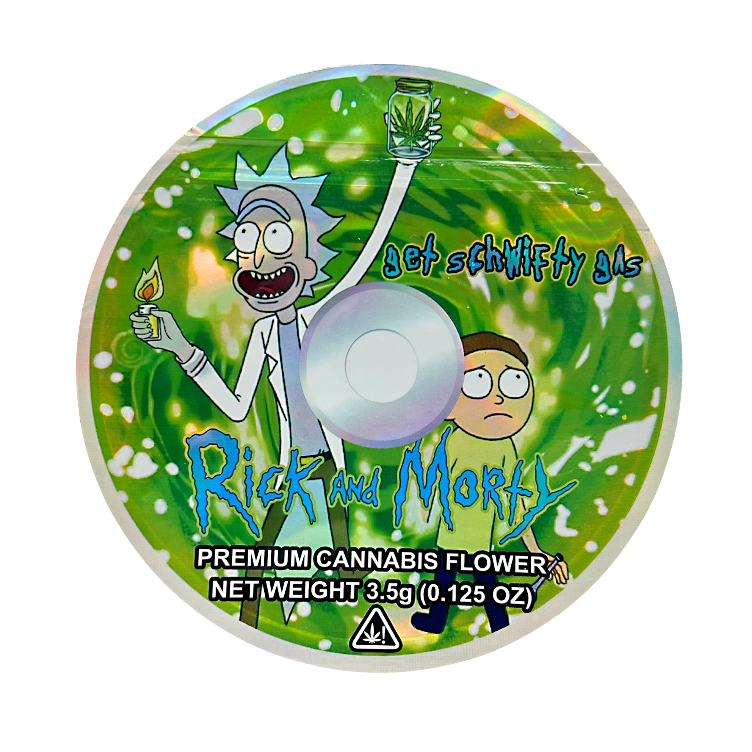 DVD Mylar bag 3.5g, herb Mylar Bags, Where to buy mylar bags, Custom mylar bags near me, Mylar Bags Wholesale. herb product packaging with 'Rick and Morty' branding on a green background