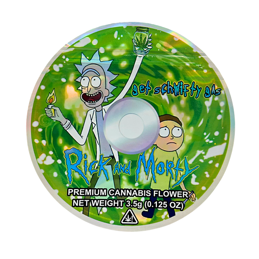 DVD Mylar bag 3.5g, herb Mylar Bags, Where to buy mylar bags, Custom mylar bags near me, Mylar Bags Wholesale. herb product packaging with 'Rick and Morty' branding on a green background