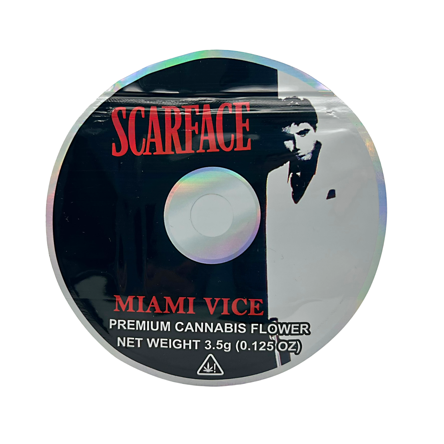DVD Mylar bag 3.5g, herb Mylar Bags, Where to buy mylar bags, Custom mylar bags near me, Mylar Bags Wholesale. Round herb product packaging with 'Scarface' and 'Miami Vice' branding on a white background.