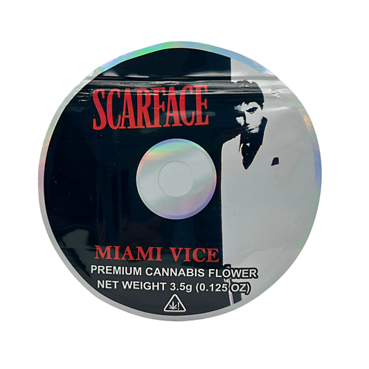 DVD Mylar bag 3.5g, herb Mylar Bags, Where to buy mylar bags, Custom mylar bags near me, Mylar Bags Wholesale. Round herb product packaging with 'Scarface' and 'Miami Vice' branding on a white background.
