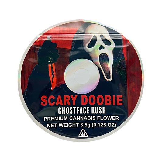 DVD Mylar bag 3.5g, herb Mylar Bags, Where to buy mylar bags, Custom mylar bags near me, Mylar Bags Wholesale. herb packaging with 'Scary Doobie' branding and Ghostface Kush label.