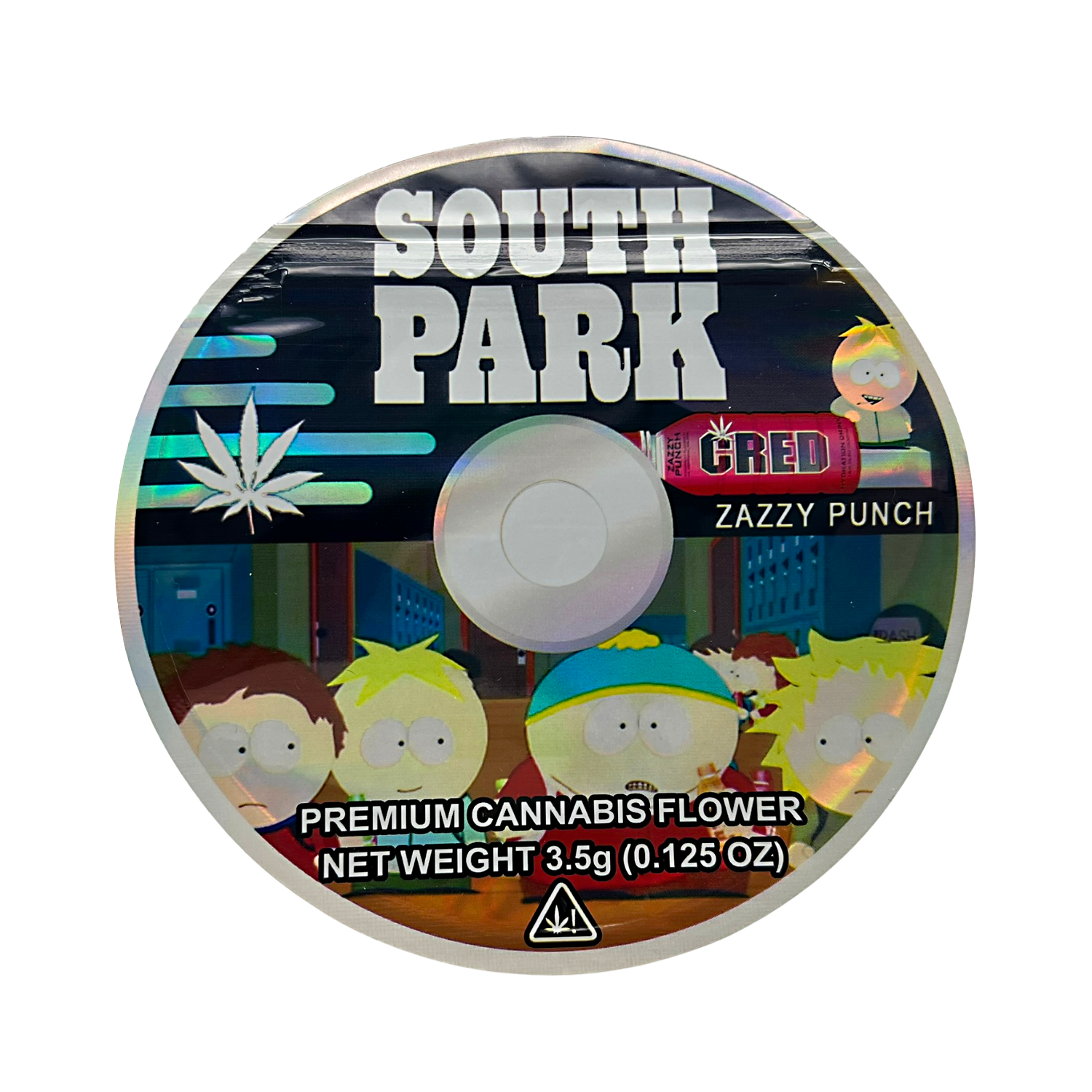 DVD Mylar bag 3.5g, herb Mylar Bags, Where to buy mylar bags, Custom mylar bags near me, Mylar Bags Wholesale. herb product packaging with South Park branding and 'Zazzy Punch' flavor.