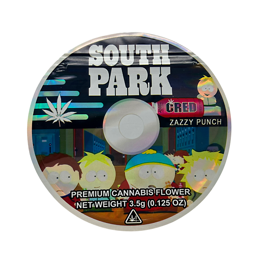 DVD Mylar bag 3.5g, herb Mylar Bags, Where to buy mylar bags, Custom mylar bags near me, Mylar Bags Wholesale. herb product packaging with South Park branding and 'Zazzy Punch' flavor.