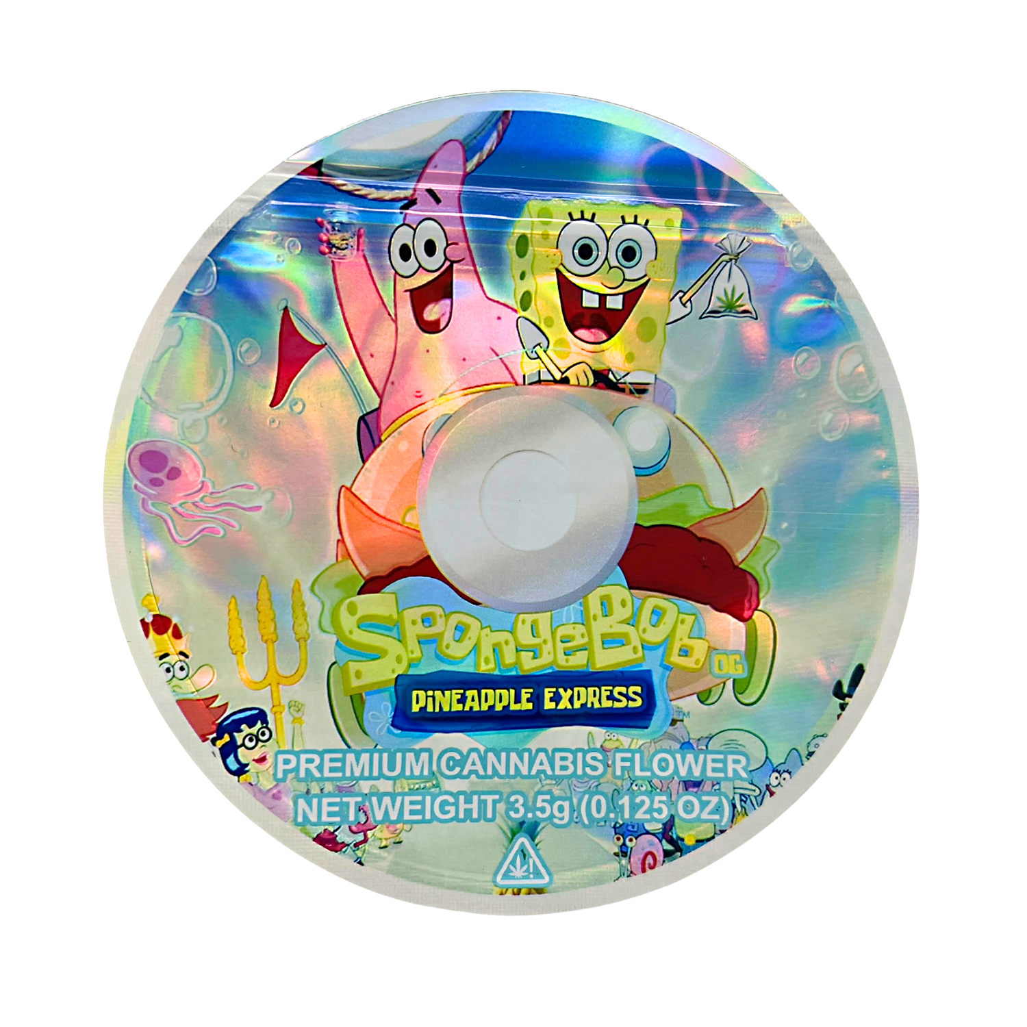 DVD Mylar bag 3.5g, herb Mylar Bags, Where to buy mylar bags, Custom mylar bags near me, Mylar Bags Wholesale. SpongeBob-themed packaging for premium herb flower with cartoon characters on a white background