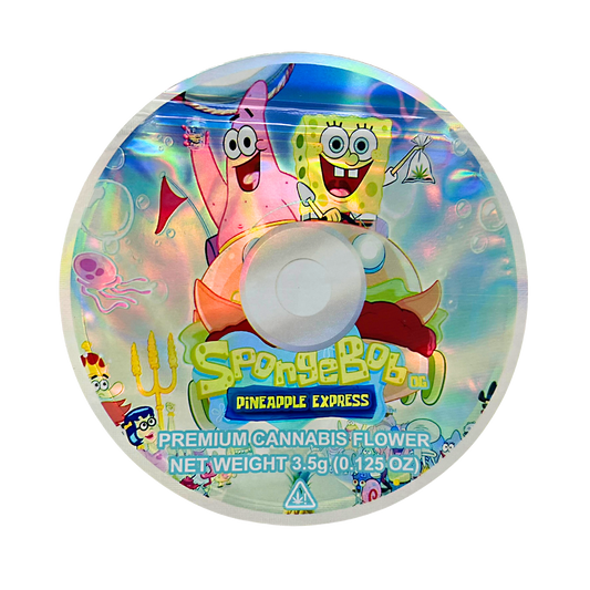 DVD Mylar bag 3.5g, herb Mylar Bags, Where to buy mylar bags, Custom mylar bags near me, Mylar Bags Wholesale. SpongeBob-themed packaging for premium herb flower with cartoon characters on a white background