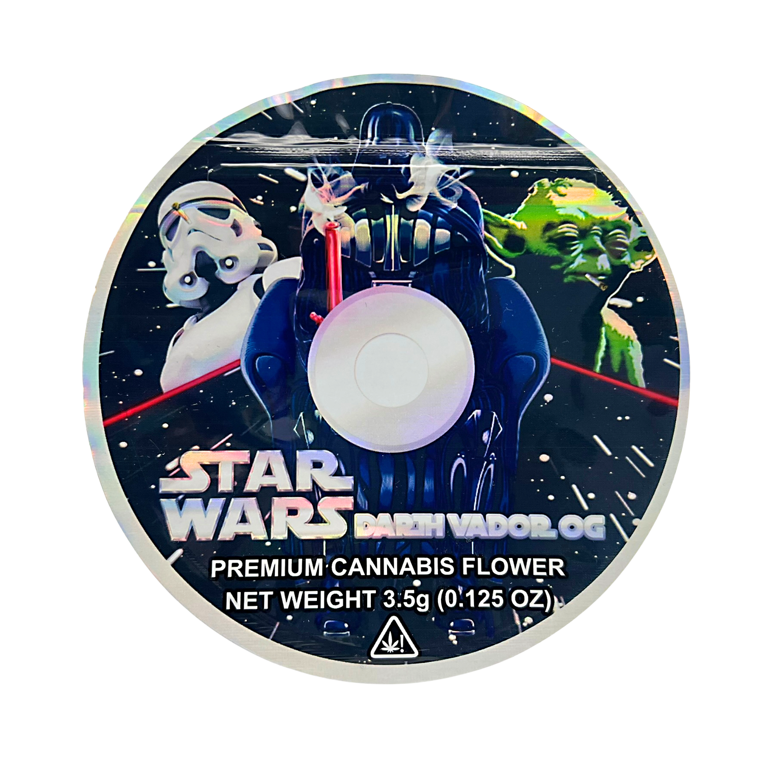 DVD Mylar bag 3.5g, herb Mylar Bags, Where to buy mylar bags, Custom mylar bags near me, Mylar Bags Wholesale. Star Wars-themed herb product packaging with Darth Vader and Yoda on a white background