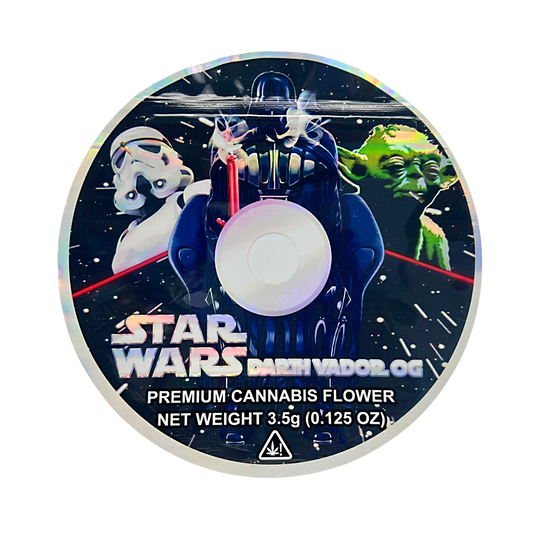 DVD Mylar bag 3.5g, herb Mylar Bags, Where to buy mylar bags, Custom mylar bags near me, Mylar Bags Wholesale. Star Wars-themed herb product packaging with Darth Vader and Yoda on a white background