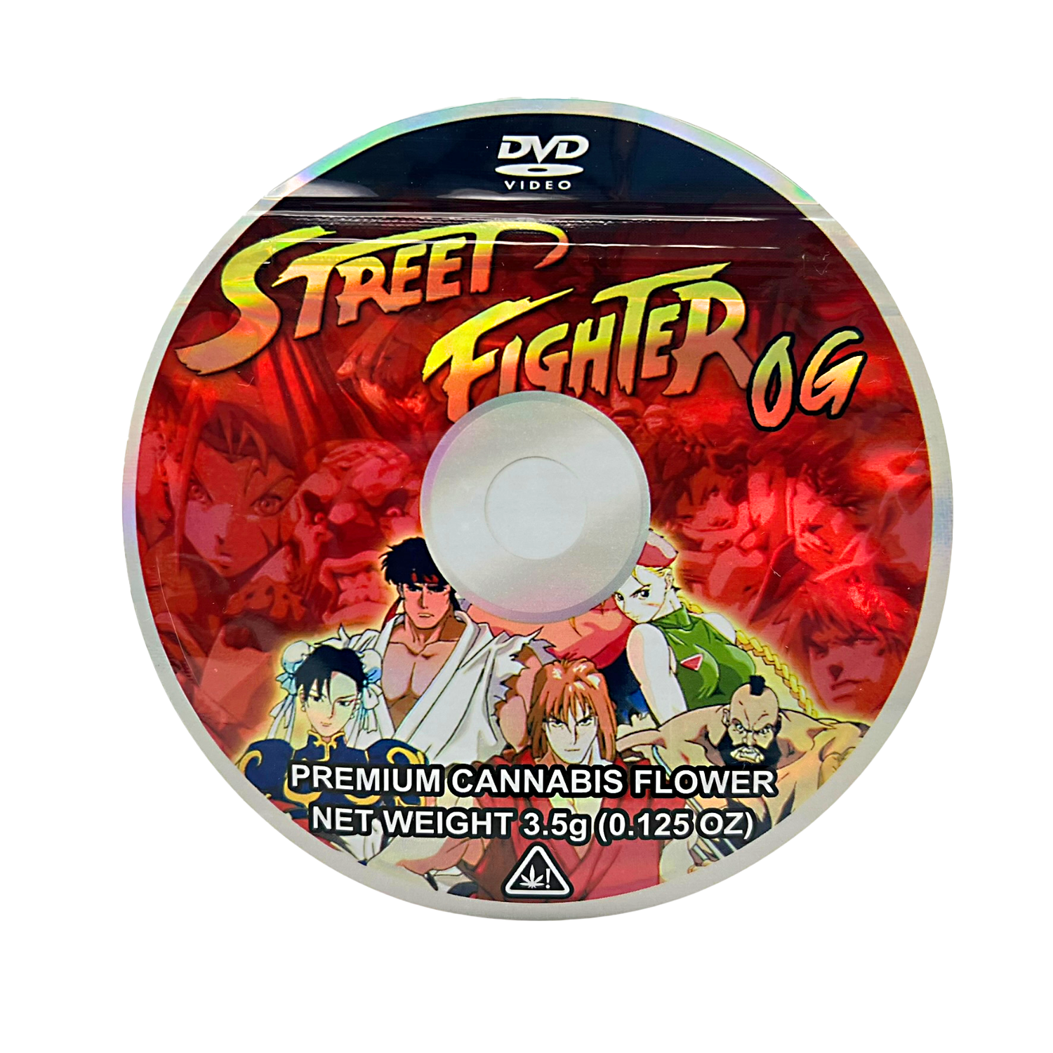 DVD Mylar bag 3.5g, herb Mylar Bags, Where to buy mylar bags, Custom mylar bags near me, Mylar Bags Wholesale. DVD case with 'Street Fighter' branding and herb product information.