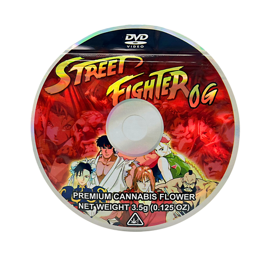 DVD Mylar bag 3.5g, herb Mylar Bags, Where to buy mylar bags, Custom mylar bags near me, Mylar Bags Wholesale. DVD case with 'Street Fighter' branding and herb product information.