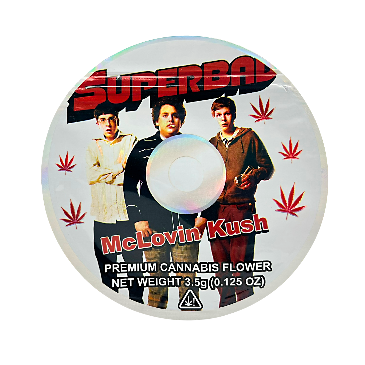 DVD Mylar bag 3.5g, herb Mylar Bags, Where to buy mylar bags, Custom mylar bags near me, Mylar Bags Wholesale. herb product packaging with 'Superbad' movie characters and 'McLovin Kush' branding.