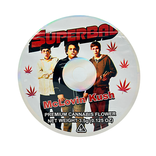 DVD Mylar bag 3.5g, herb Mylar Bags, Where to buy mylar bags, Custom mylar bags near me, Mylar Bags Wholesale. herb product packaging with 'Superbad' movie characters and 'McLovin Kush' branding.