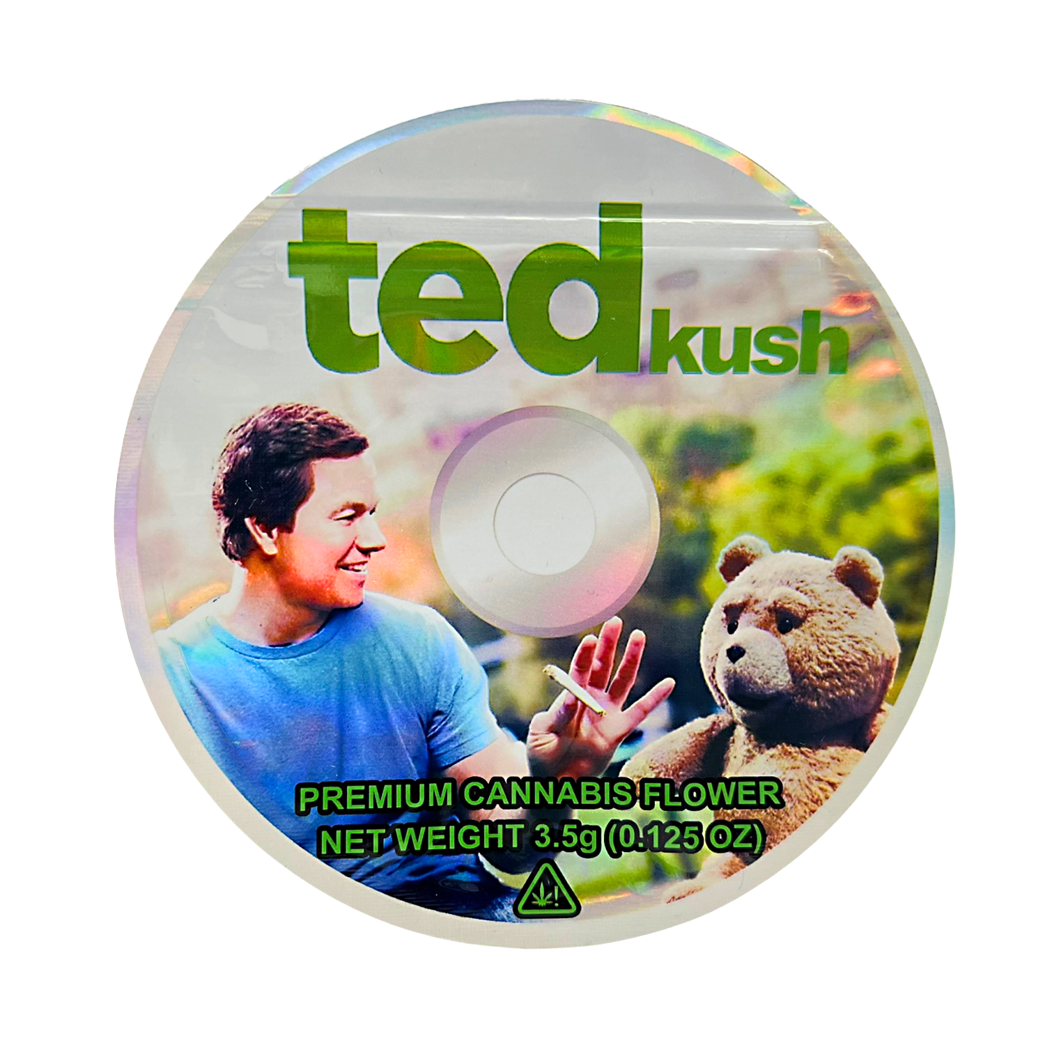 DVD Mylar bag 3.5g, herb Mylar Bags, Where to buy mylar bags, Custom mylar bags near me, Mylar Bags Wholesale. herb product packaging with 'ted kush' branding, featuring a person and a bear.
