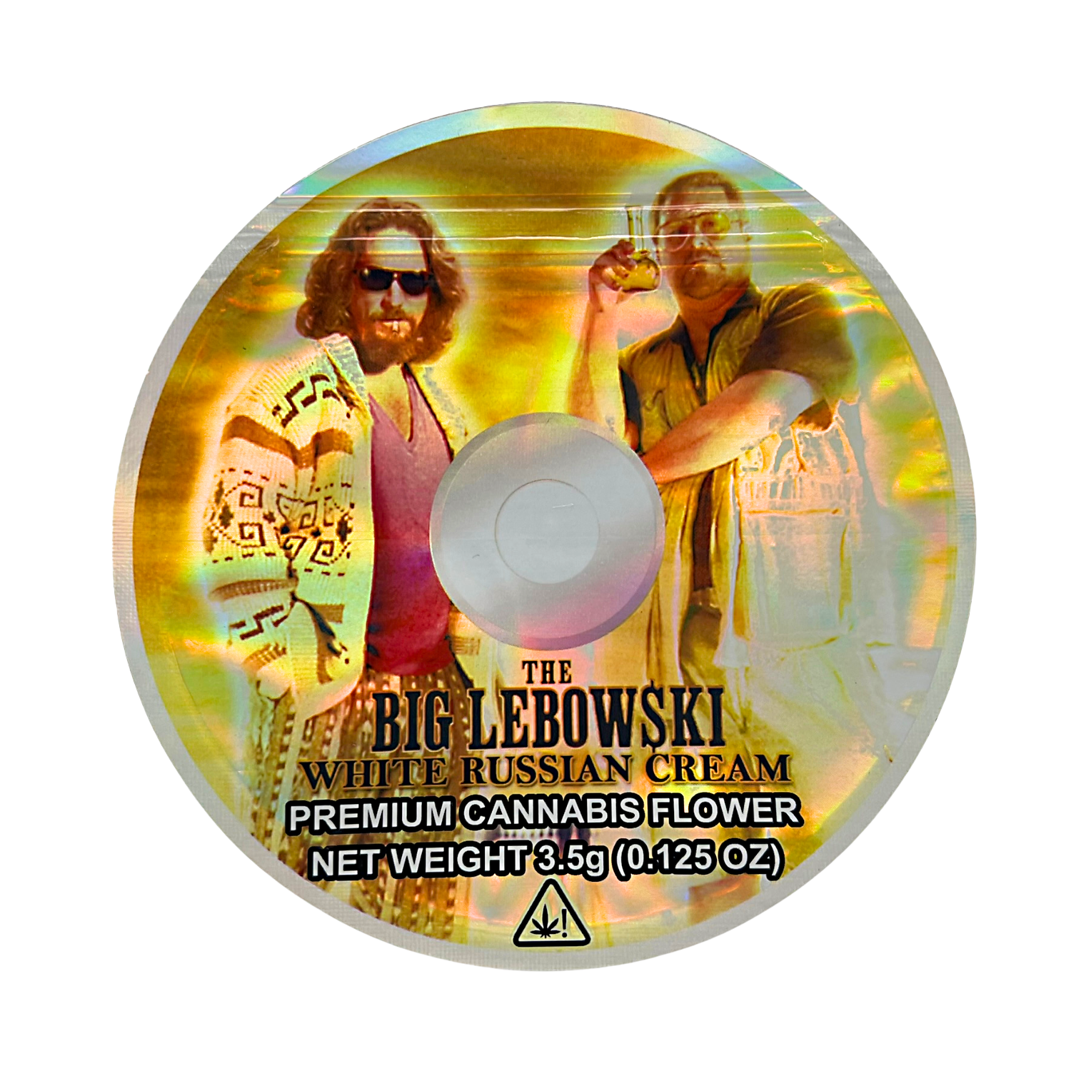 DVD Mylar bag 3.5g, herb Mylar Bags, Where to buy mylar bags, Custom mylar bags near me, Mylar Bags Wholesale. Label for 'The Big Lebowski White Russian Cream' herb product with two characters on a white background.