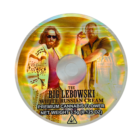 DVD Mylar bag 3.5g, herb Mylar Bags, Where to buy mylar bags, Custom mylar bags near me, Mylar Bags Wholesale. Label for 'The Big Lebowski White Russian Cream' herb product with two characters on a white background.