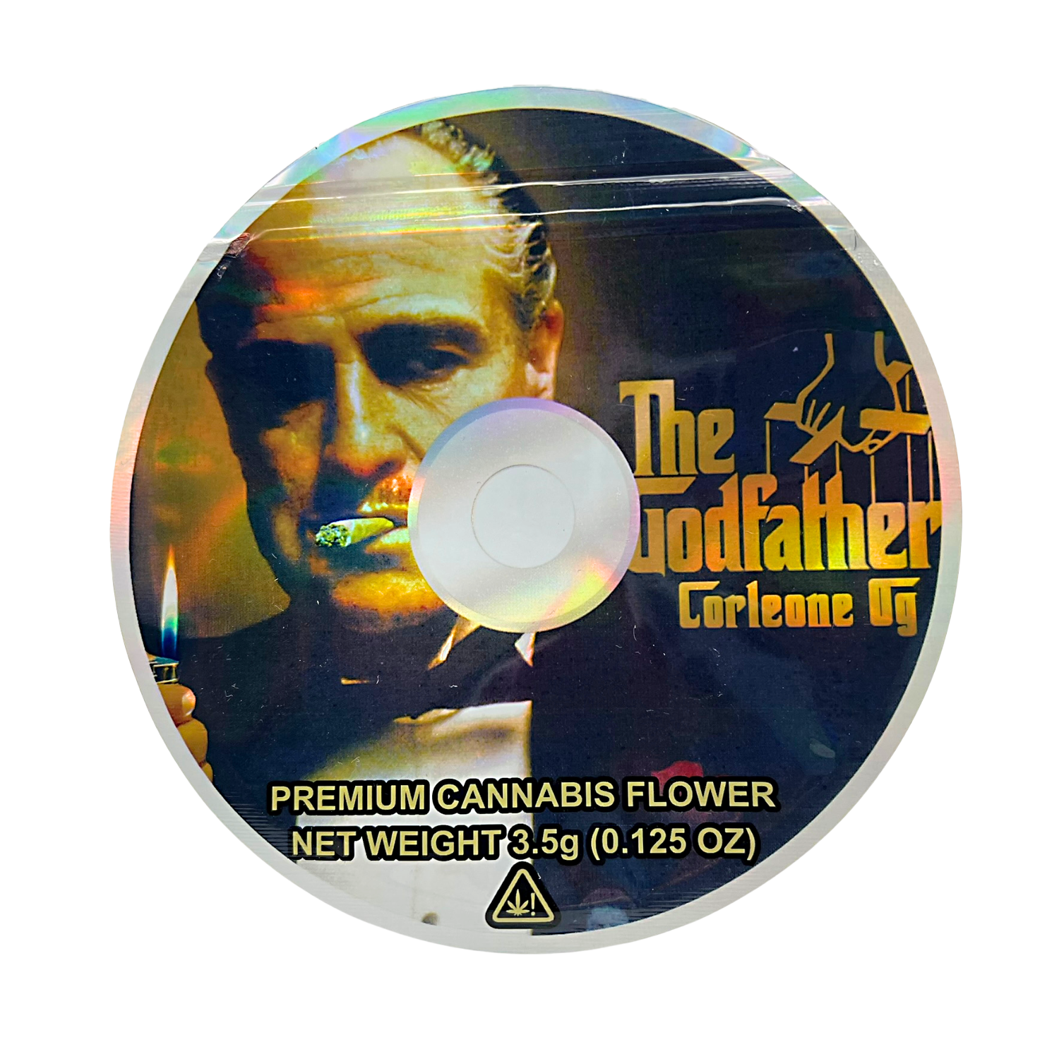 DVD Mylar bag 3.5g, herb Mylar Bags, Where to buy mylar bags, Custom mylar bags near me, Mylar Bags Wholesale. Product packaging with a stylized image of a man and text 'The Godfather Corleone GG' on a white background.