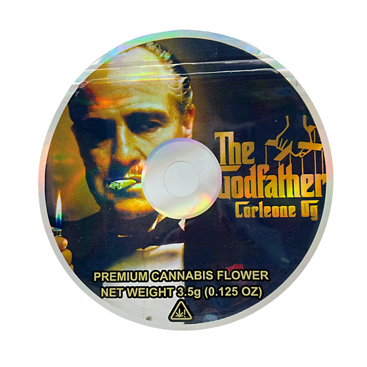 DVD Mylar bag 3.5g, herb Mylar Bags, Where to buy mylar bags, Custom mylar bags near me, Mylar Bags Wholesale. Product packaging with a stylized image of a man and text 'The Godfather Corleone GG' on a white background.