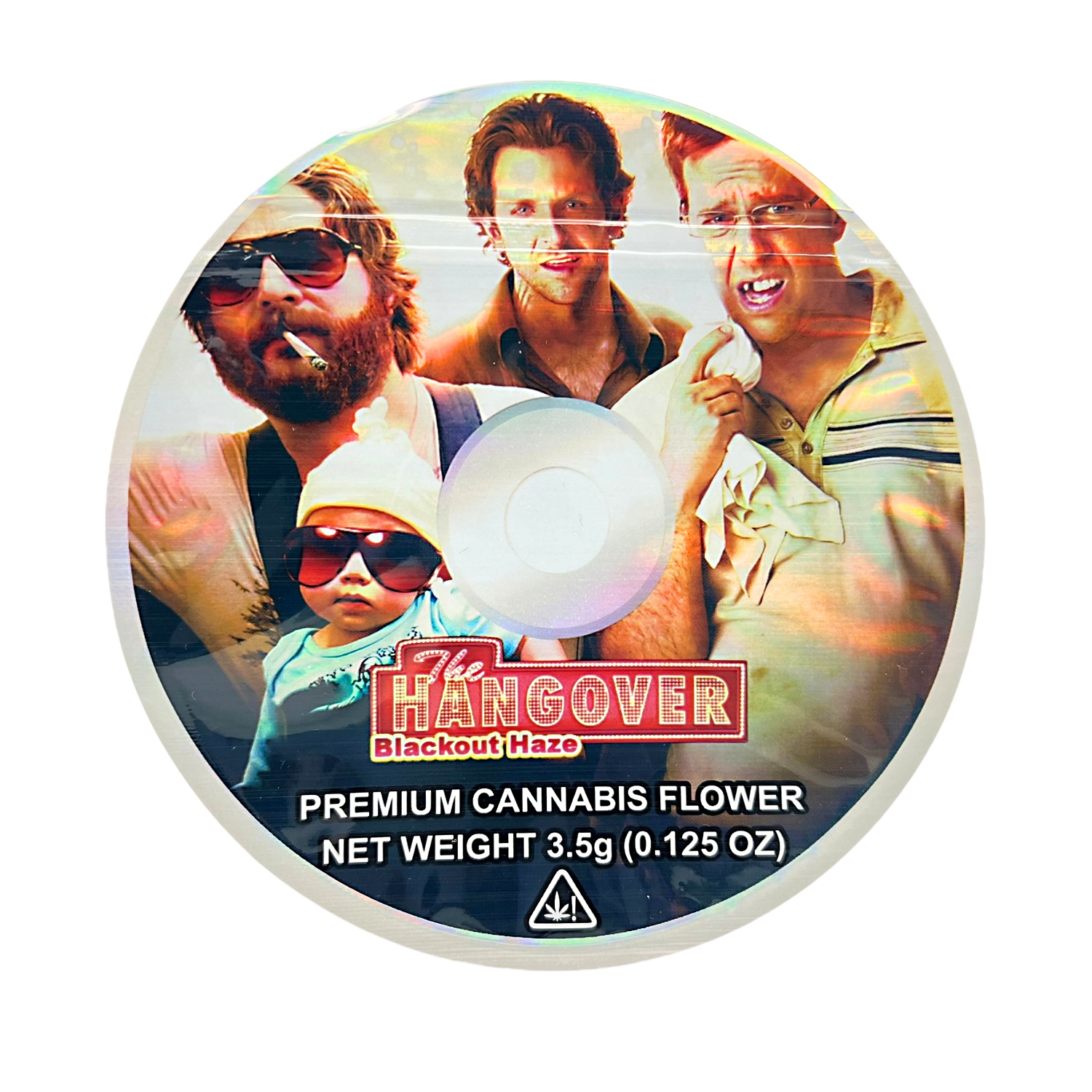 DVD Mylar bag 3.5g, herb Mylar Bags, Where to buy mylar bags, Custom mylar bags near me, Mylar Bags Wholesale. herb product packaging with 'The Hangover' branding and images of people.