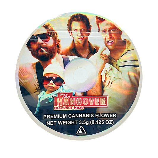DVD Mylar bag 3.5g, herb Mylar Bags, Where to buy mylar bags, Custom mylar bags near me, Mylar Bags Wholesale. herb product packaging with 'The Hangover' branding and images of people.