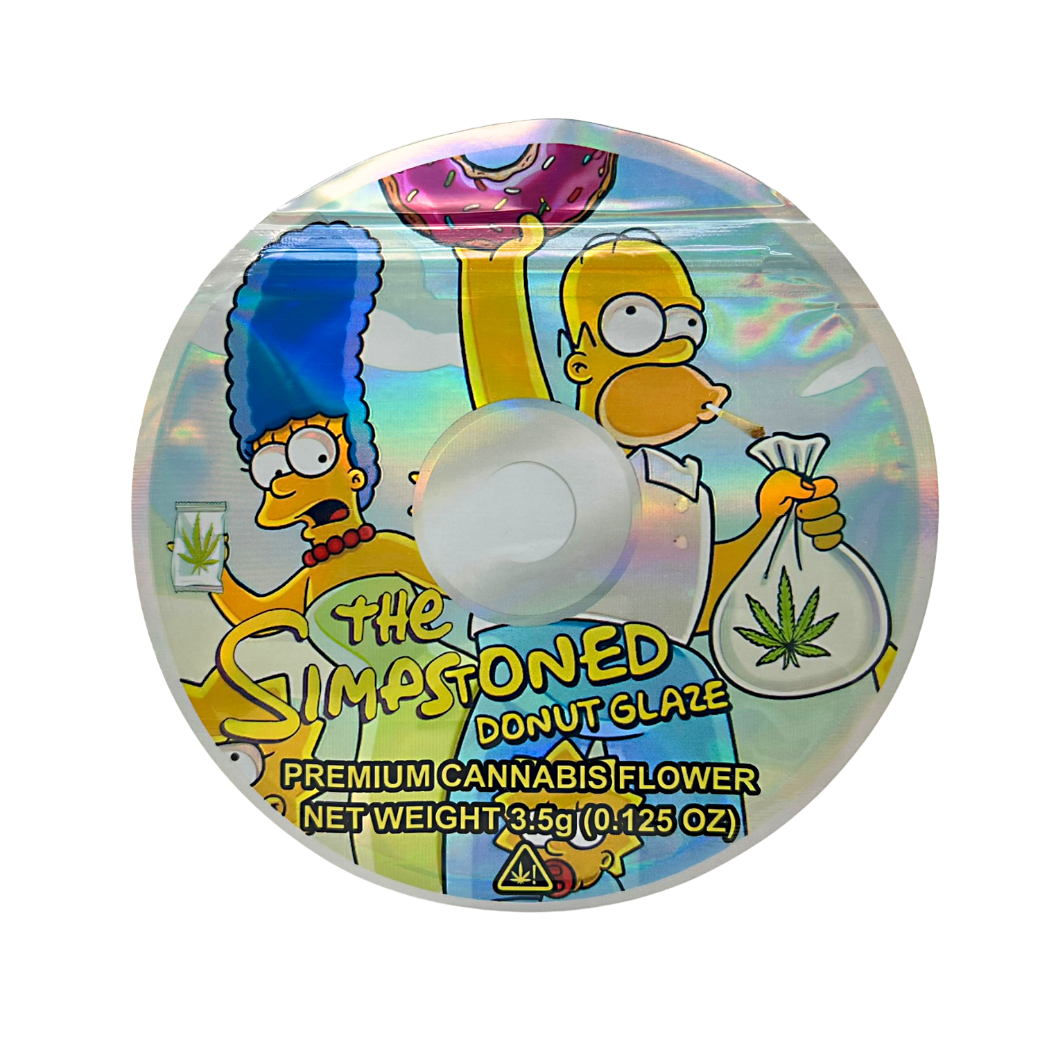 DVD Mylar bag 3.5g, herb Mylar Bags, Where to buy mylar bags, Custom mylar bags near me, Mylar Bags Wholesale. Product packaging with cartoon characters holding a bag of herb, labeled 'The Simostoned Donut Glaze'.
