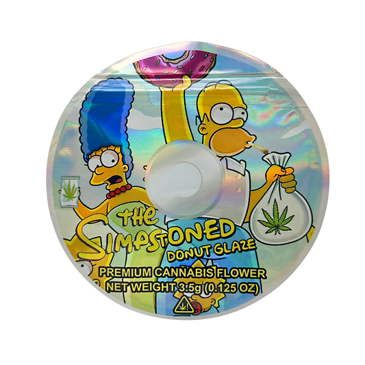 DVD Mylar bag 3.5g, herb Mylar Bags, Where to buy mylar bags, Custom mylar bags near me, Mylar Bags Wholesale. Product packaging with cartoon characters holding a bag of herb, labeled 'The Simostoned Donut Glaze'.