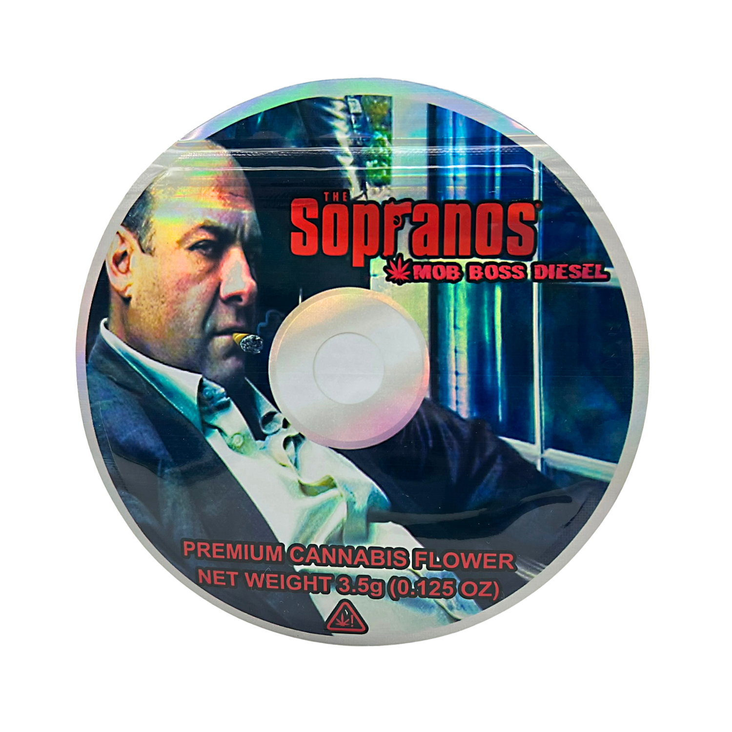 DVD Mylar bag 3.5g, herb Mylar Bags, Where to buy mylar bags, Custom mylar bags near me, Mylar Bags Wholesale. Product packaging for 'The Sopranos Mob Boss Diesel' herb flower with a man smoking a cigarette on a white background.