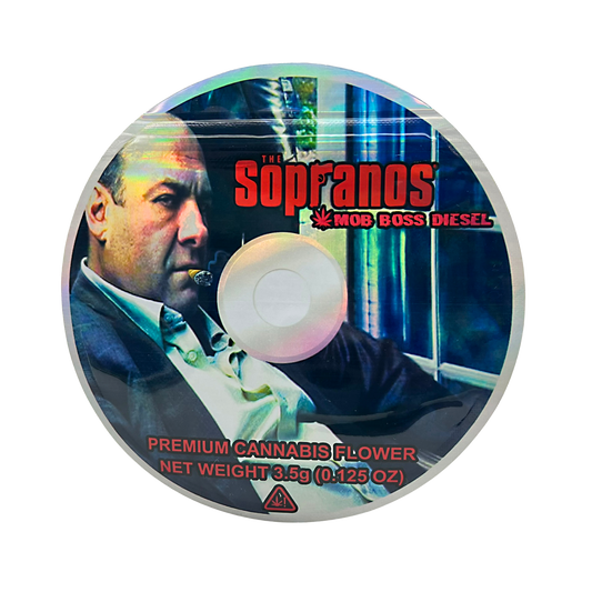 DVD Mylar bag 3.5g, herb Mylar Bags, Where to buy mylar bags, Custom mylar bags near me, Mylar Bags Wholesale. Product packaging for 'The Sopranos Mob Boss Diesel' herb flower with a man smoking a cigarette on a white background.