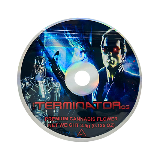 DVD Mylar bag 3.5g, herb Mylar Bags, Where to buy mylar bags, Custom mylar bags near me, Mylar Bags Wholesale. herb product packaging with 'Terminator' branding on a white background