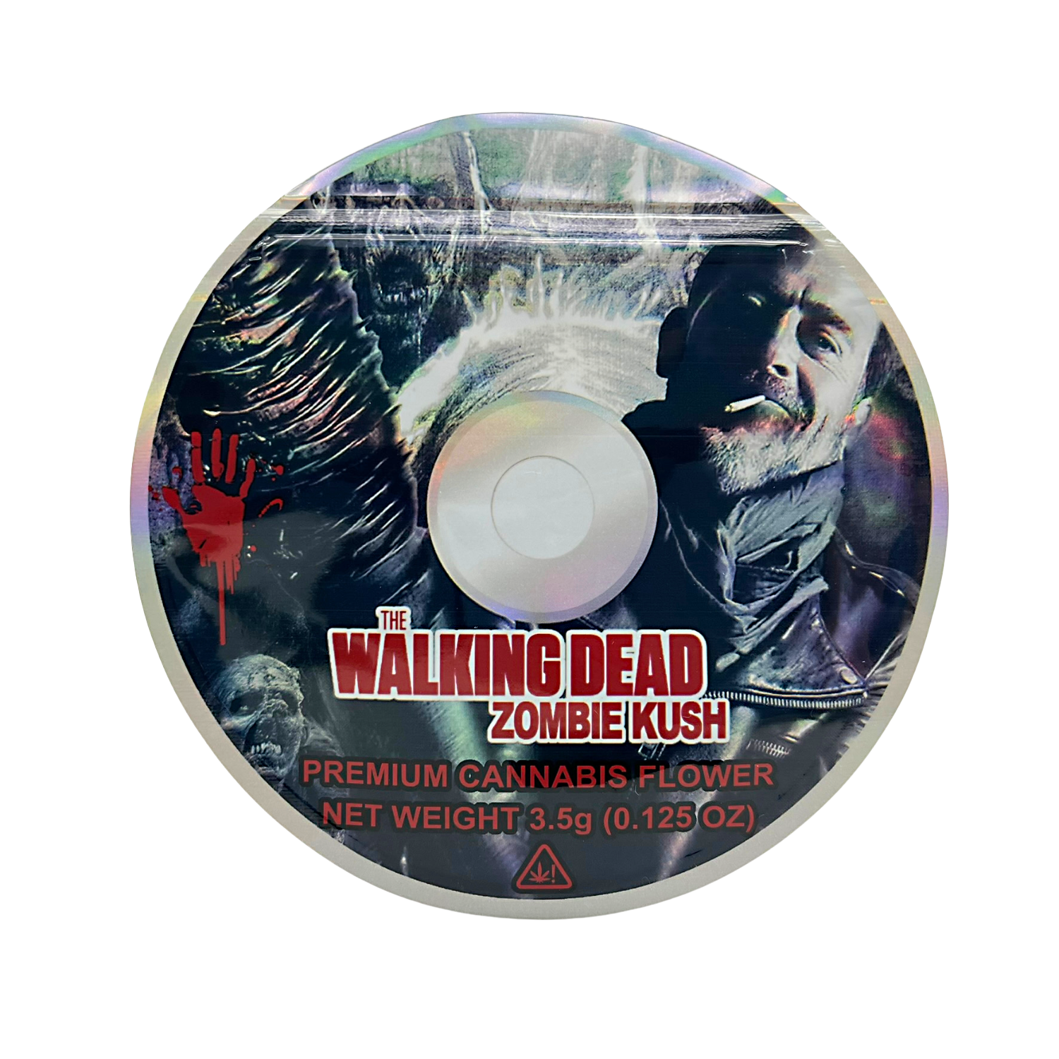 DVD Mylar bag 3.5g, herb Mylar Bags, Where to buy mylar bags, Custom mylar bags near me, Mylar Bags Wholesale. herb product packaging with 'The Walking Dead' zombie Kush branding on a white background