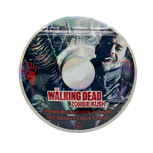 DVD Mylar bag 3.5g, herb Mylar Bags, Where to buy mylar bags, Custom mylar bags near me, Mylar Bags Wholesale. herb product packaging with 'The Walking Dead' zombie Kush branding on a white background