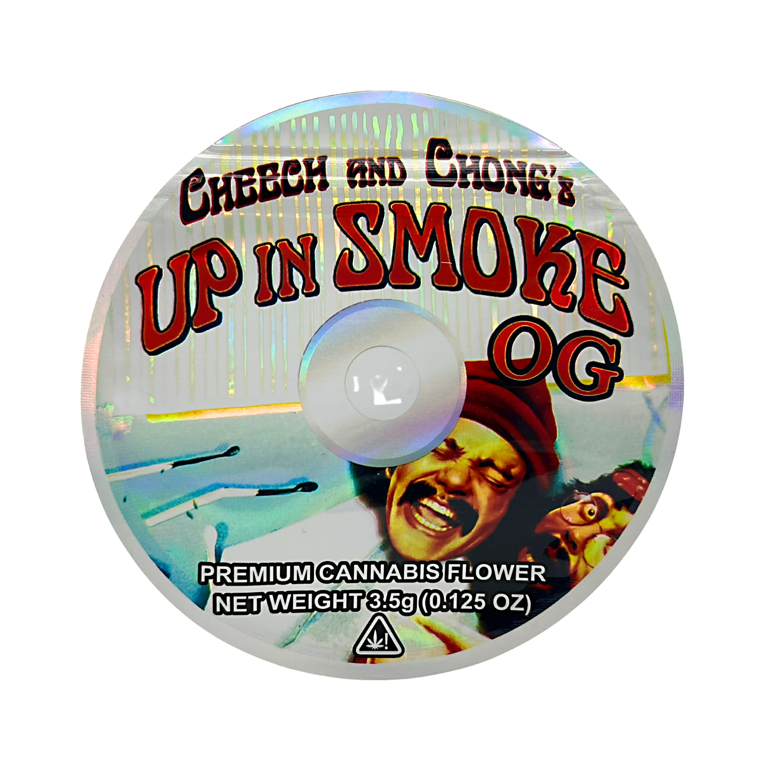 DVD Mylar bag 3.5g, herb Mylar Bags, Where to buy mylar bags, Custom mylar bags near me, Mylar Bags Wholesale. herb product label featuring 'Cheech and Chong's Up in Smoke OG' with a stylized image of a person and text.