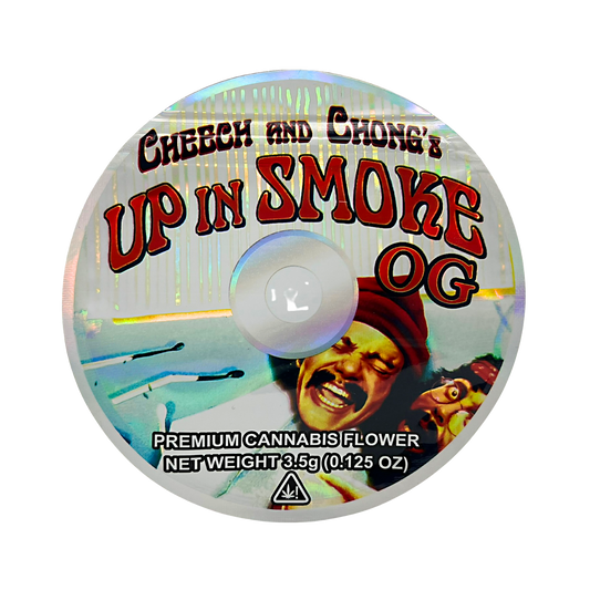 DVD Mylar bag 3.5g, herb Mylar Bags, Where to buy mylar bags, Custom mylar bags near me, Mylar Bags Wholesale. herb product label featuring 'Cheech and Chong's Up in Smoke OG' with a stylized image of a person and text.