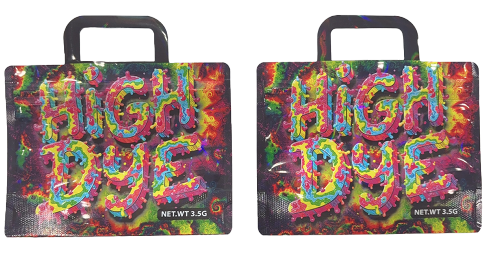 50 Pack - 3.5G Handle Shaped Mylar Bags - High Dye