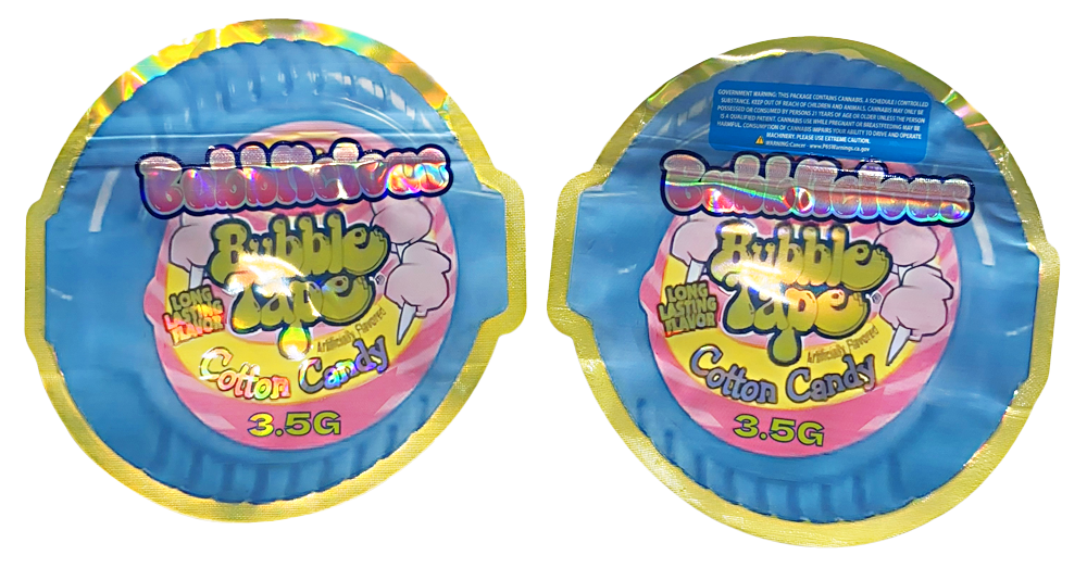 Shaped Mylar bag 3.5g, herb Mylar Bags, Where to buy mylar bags, Custom mylar bags near me, Mylar Bags Wholesale. Two packages of Cotton Candy Bubble Tape on a white background