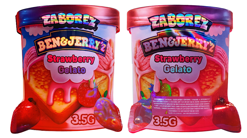 Two Mylar Bag small containers of Zaborez Ben & Jerry's Strawberry Gelato on a white background