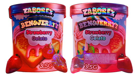 Two Mylar Bag small containers of Zaborez Ben & Jerry's Strawberry Gelato on a white background
