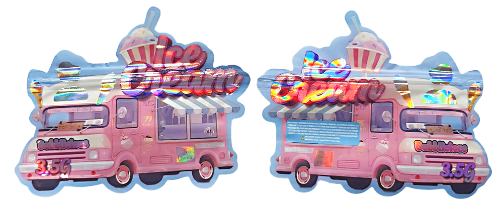 Shaped Mylar bag 3.5g, herb Mylar Bags, Where to buy mylar bags, Custom mylar bags near me, Mylar Bags Wholesale. Two pink ice cream truck-shaped objects with colorful details on a white background