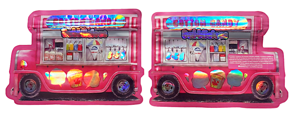 Shaped Mylar bag 3.5g, herb Mylar Bags, Where to buy mylar bags, Custom mylar bags near me, Mylar Bags Wholesale. Two pink ice cream truck toys on a white background