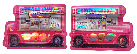 Shaped Mylar bag 3.5g, herb Mylar Bags, Where to buy mylar bags, Custom mylar bags near me, Mylar Bags Wholesale. Two pink ice cream truck toys on a white background