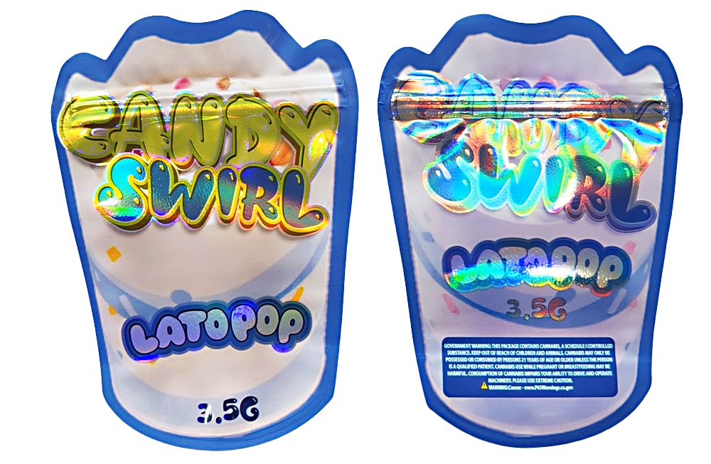 Shaped Mylar bag 3.5g, herb Mylar Bags, Where to buy mylar bags, Custom mylar bags near me, Mylar Bags Wholesale. Two packages of Candy Swirl Lat Pop with colorful text on a white background