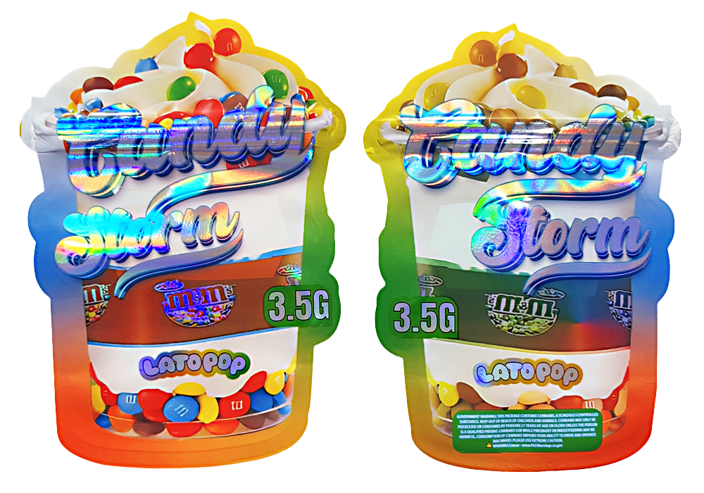 Shaped Mylar bag 3.5g, herb Mylar Bags, Where to buy mylar bags, Custom mylar bags near me, Mylar Bags Wholesale. Two packages of M&M's Candy Storm with colorful candy design on a white background