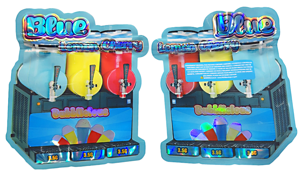 Shaped Mylar bag 3.5g, herb Mylar Bags, Where to buy mylar bags, Custom mylar bags near me, Mylar Bags Wholesale.  Two colorful ice cream dispensers with 'Blue' branding on a white background