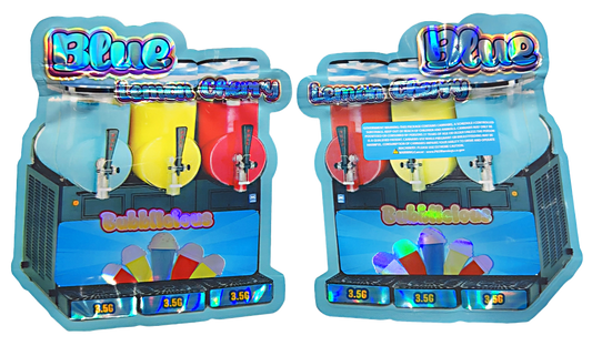 Shaped Mylar bag 3.5g, herb Mylar Bags, Where to buy mylar bags, Custom mylar bags near me, Mylar Bags Wholesale.  Two colorful ice cream dispensers with 'Blue' branding on a white background
