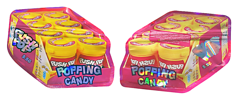 Shaped Mylar bag 3.5g, herb Mylar Bags, Where to buy mylar bags, Custom mylar bags near me, Mylar Bags Wholesale. Two packages of Push & Pop Popping Candy on a white background